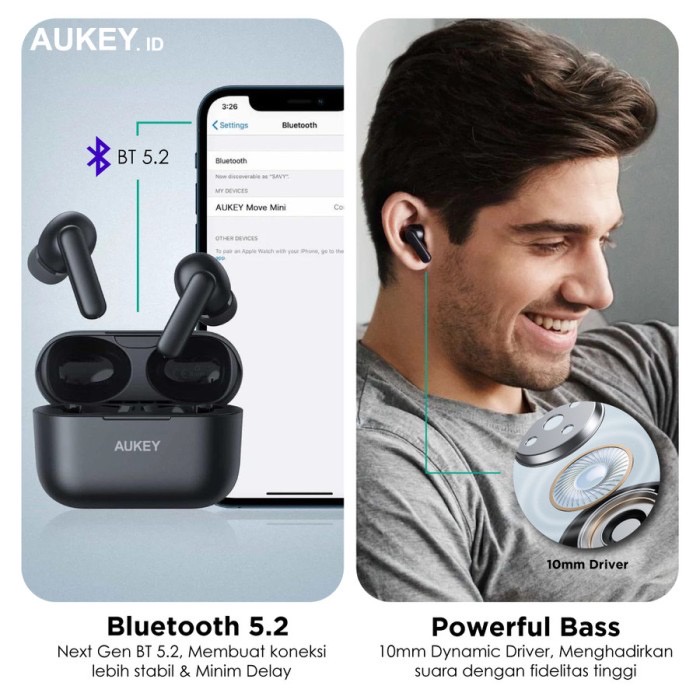 Aukey Earphone Bluetooth TWS Move Series Mini S With BT 5.2 IPX5 - SKU : 501421 / 501422 / 501423 / 501424 - EP-MIS - Garansi Resmi 2 Tahun