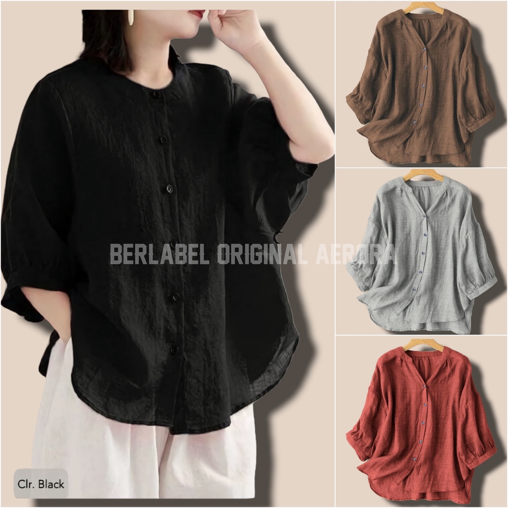 Nafisa Kemeja Blouse Linen Polos Jumbo Kerah Shanghai Oversize Shirt Wanita Basic Premium Korean Style Kekinian Ld 120 PJ 65 Allsize