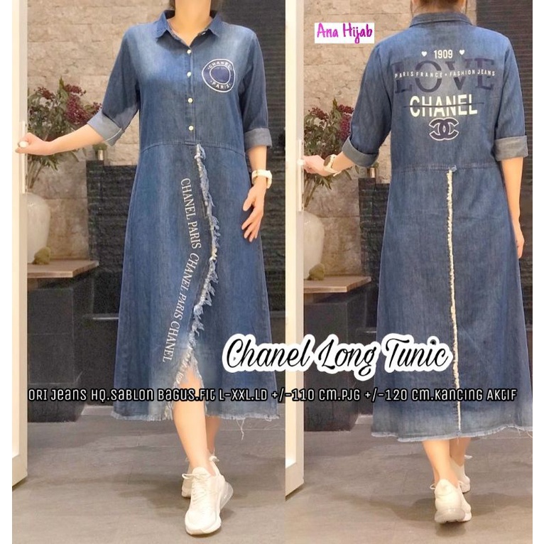 JEANS JUMBO TUNIK CHANEL LONG TUNIK BY ANA HIJAB ORI SOLO LD 110 PB 120
