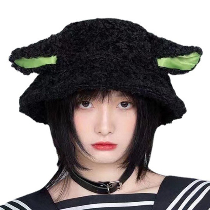 Topi Bucket Desain Telinga Domba Bahan Bulu Lembut Hangat Untuk Kostum Cosplay