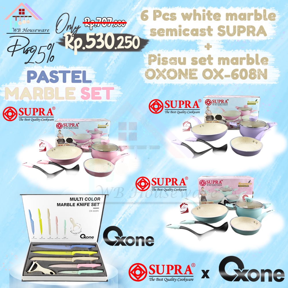 Supra panci set 6pcs white marble + pisau oxone OX-608N / cookware set knife pastel white marble ser