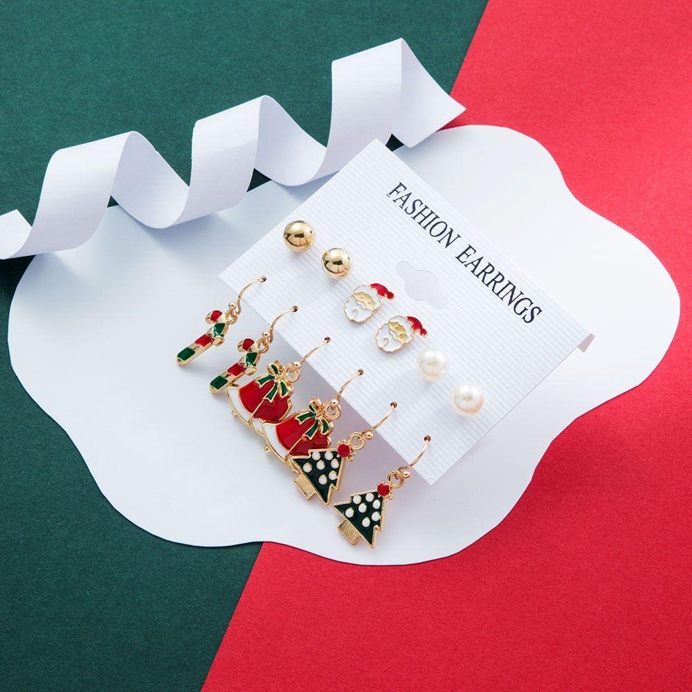 Mxbeauty Anting Tusuk Natal Untuk Anak Perempuan 6pasang/set Sederhana Elk Santa Claus Pohon Natal Snowman Kartun Bell Wanita Drop Earrings