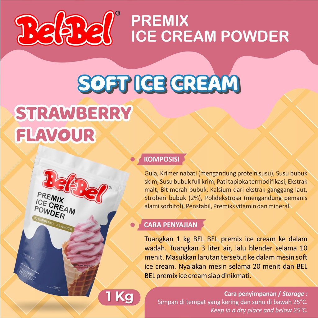 Soft Ice Cream Powder Premix BelBel Rasa Strawberry Kemasan 1 Kg | Halal | BPOM
