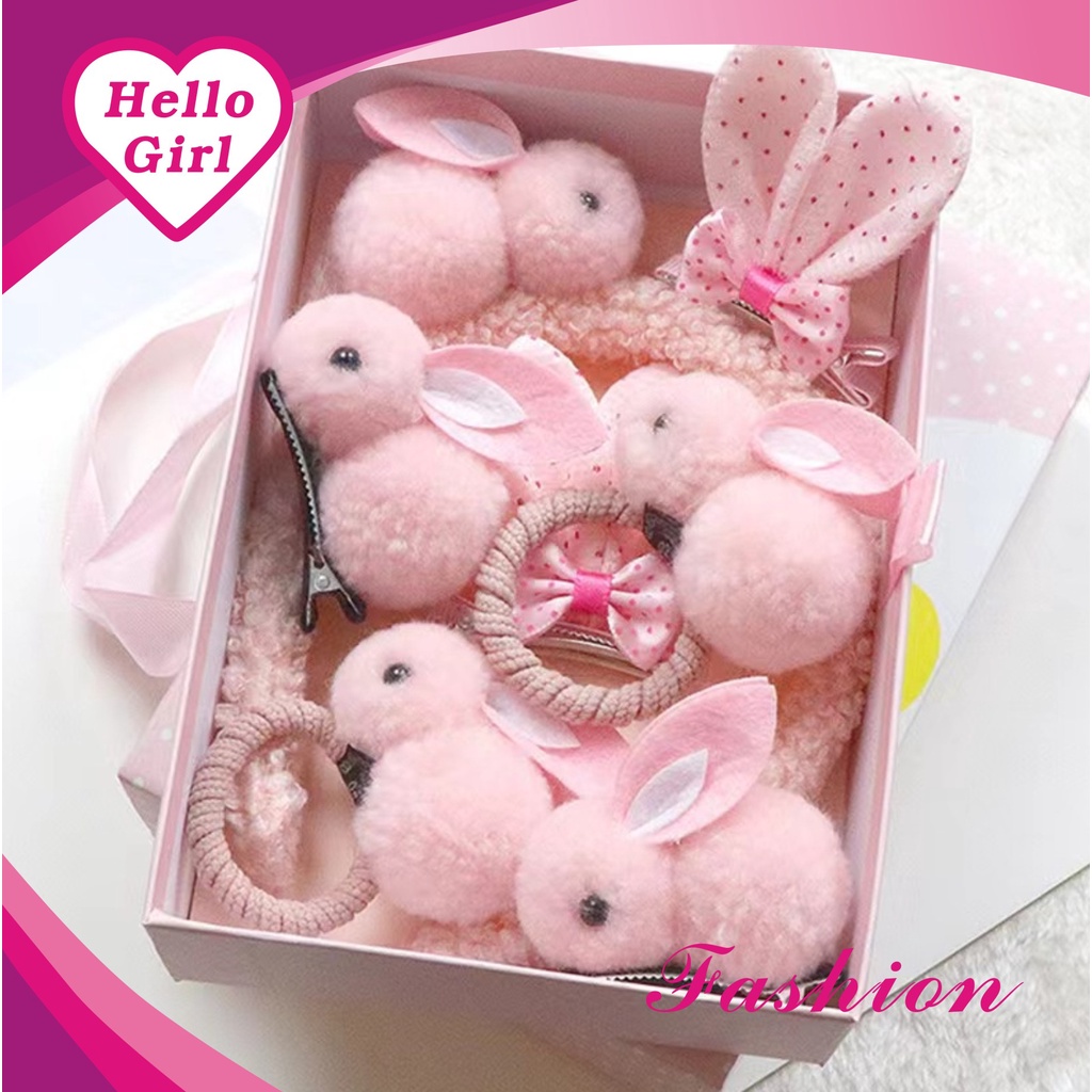 (Hello Girl)F166 7set In 1 Gift Box Jepitan/Bando/ikat Rambut Motif Kelinci Lucu Gaya Korea Imnport
