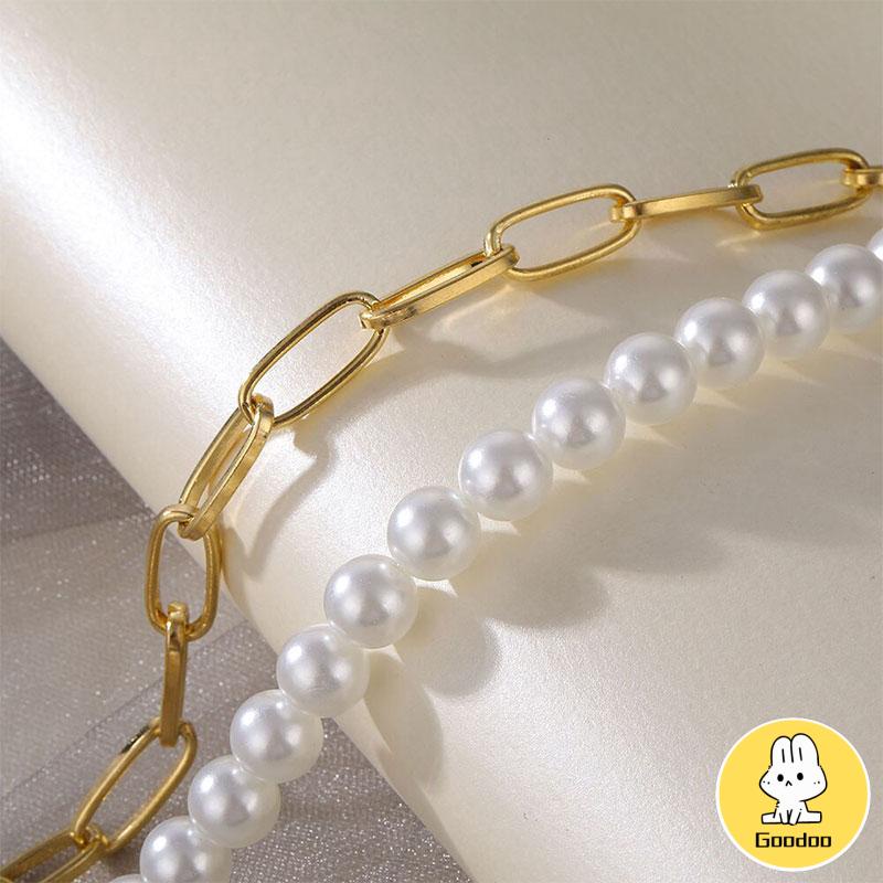 Kalung Rantai Klavikula Hias Liontin Medali Mutiara Gaya Hip Hop -Doo