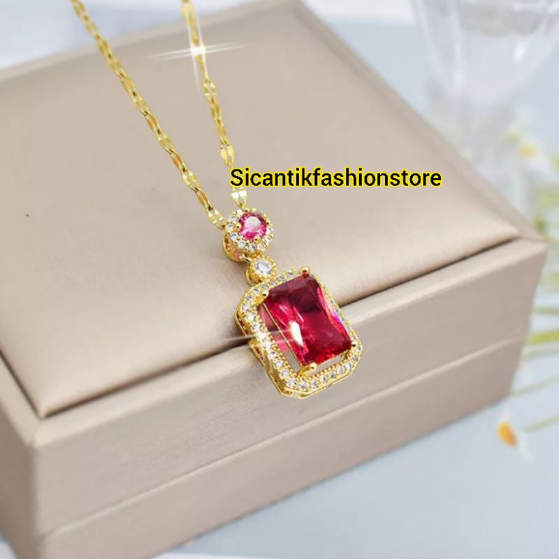 Kalung Titanium Wanita Liontin Batu Delima Merah Terbaru Terlaris Anti Karat Selamanya Kalung Wanita Korea Viral Liontin Batu Merah Fashion Wanita