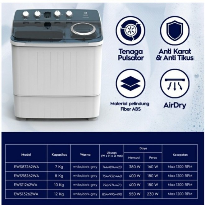 Electrolux EWS13262WA Mesin Cuci 2 Tabung 12 Kg | Twin Tub EWS 13262