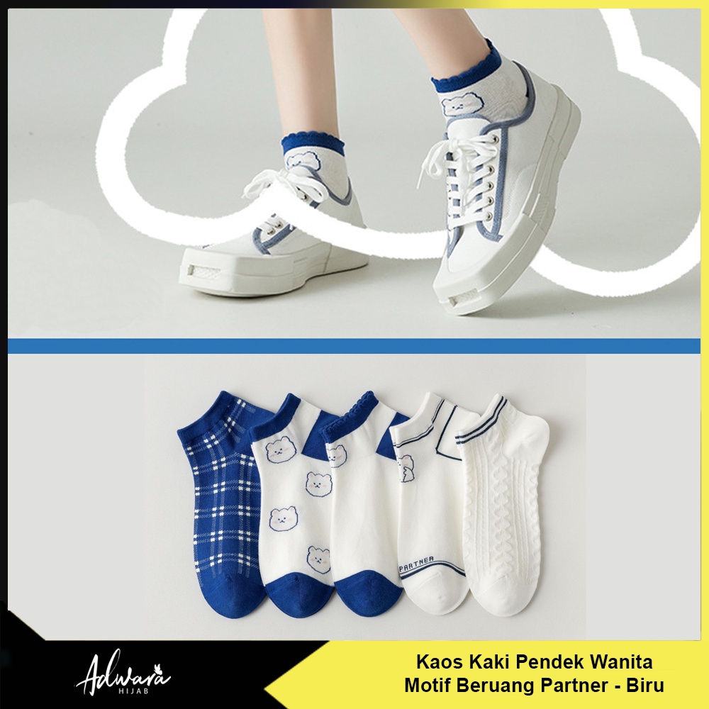 Kaos Kaki Pendek Wanita Warna Biru Motif Beruang Lucu Partner Fashion Korea