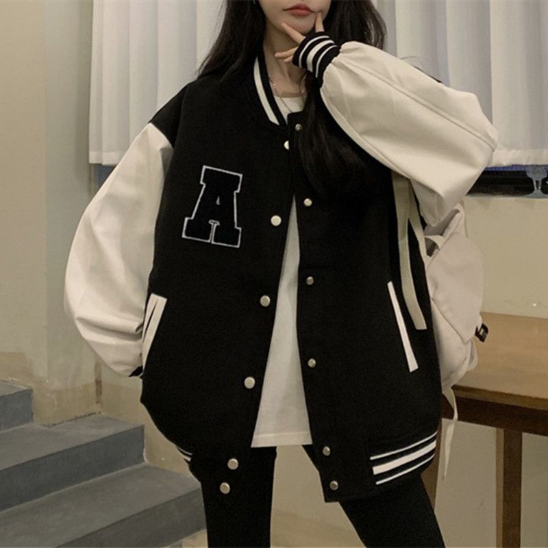 [littlecrab] Jaket Oversize Hitam Putih Letter A Bulu Jacket Varsity Baseball Korea Import Kancing Jepret Berkualitas Fleece Tebal Unisex Couple Good Quality Korean Style