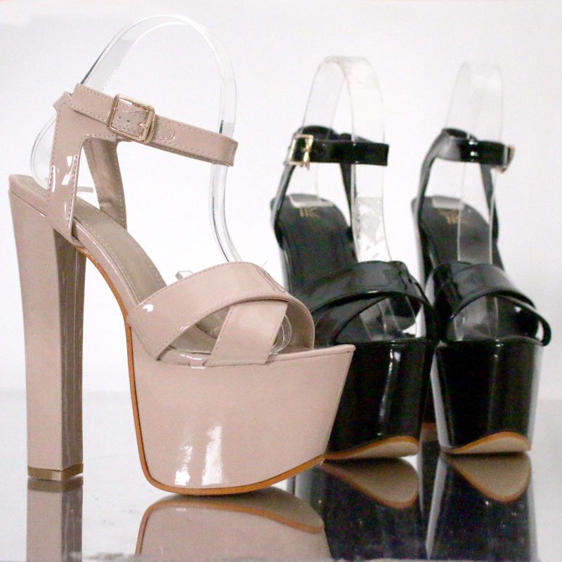 K1747 VVV CASE SEPATU wanita import highheels strappy stiletto 17cm chunky 17cm hitam beige SQUARE H