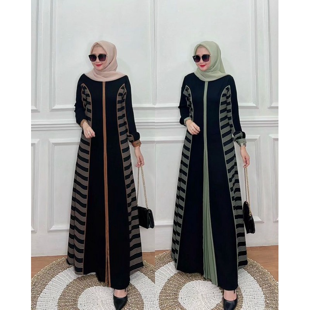 Zahira dress gamis jumbo/cod/jetblack/hitam mix hijau mint/lebaran/mewah