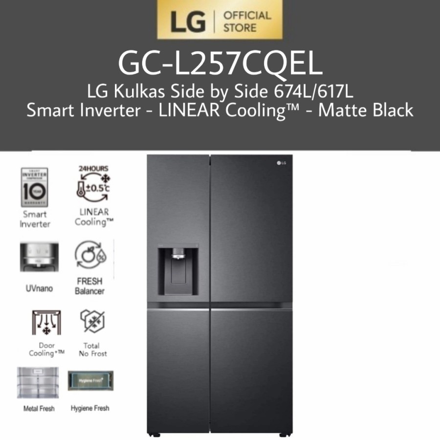 LG GC-L257CQEL / GCL257CQEL Kulkas Side by Side 674L UVnano Matte Black