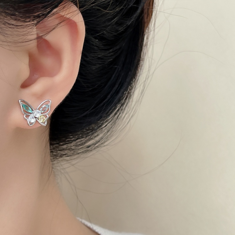 Anting Stud Desain Kupu-Kupu Hollow Aksen Zirkon Warna-Warni Gaya Korea Untuk Wanita