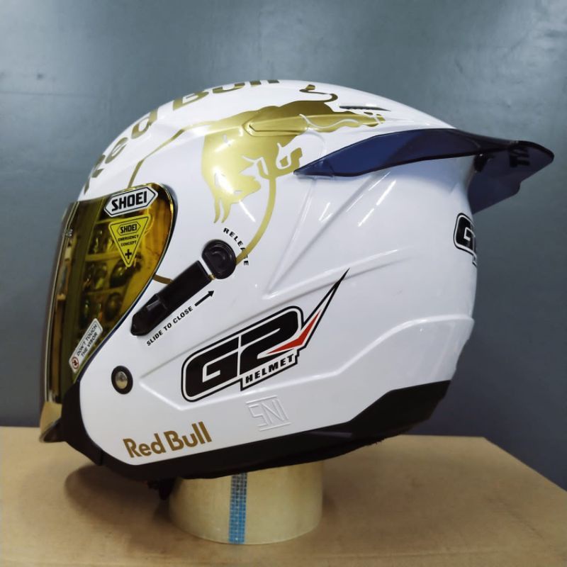 Helm Half Face G2 Optimax Solid Putih Paket Ganteng RedBull Original SNI-DOT