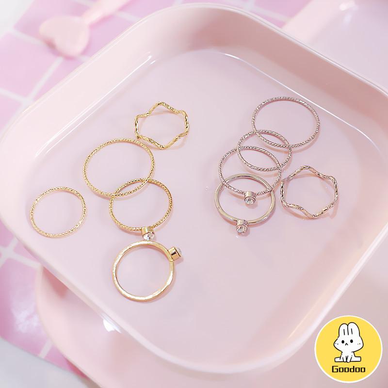 5Pcs / Set Cincin Jari Aneka Bentuk Warna Silver Untuk Wanita -Doo
