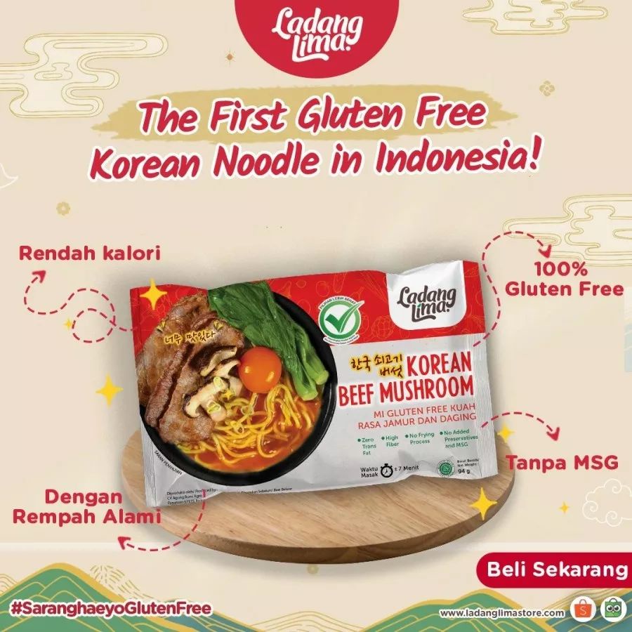 Mie Korea Gluten Free - Mie Kuah Sehat -Korean Beef Mushroom Ladang Lima 94gr - Instant Korean Noodle