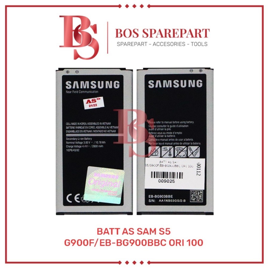 BATTERY AS SAMSUNG S5 / G900F / EB-BG900BBC ORI 100 / BATRE / BATERAI /