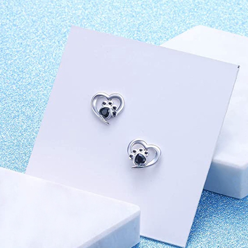 Anting Stud Cubic Zirconia Bentuk Hati Dan Jejak Kaki Warna Hitam Untuk Wanita