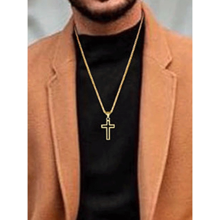Fancyqube Kalung Rantai Panjang Liontin Salib Hollow Out 3 Warna Gaya Hip Hop Punk Untuk Pria / Wanita