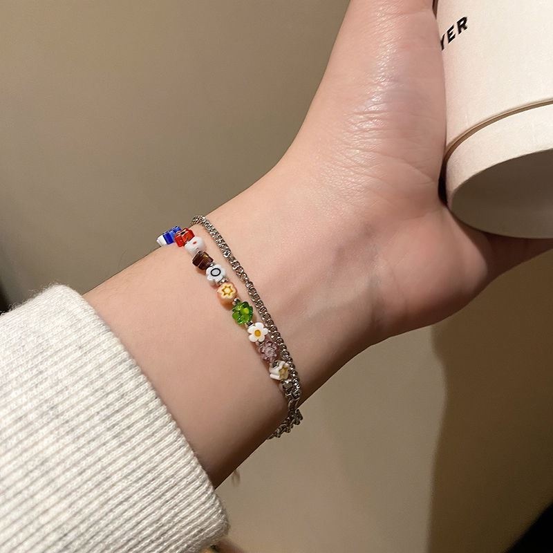 Roselife Gelang Tangan Rantai Silver Wanita Desain Bunga Resin Pelangi layer Ganda Gaya Korea