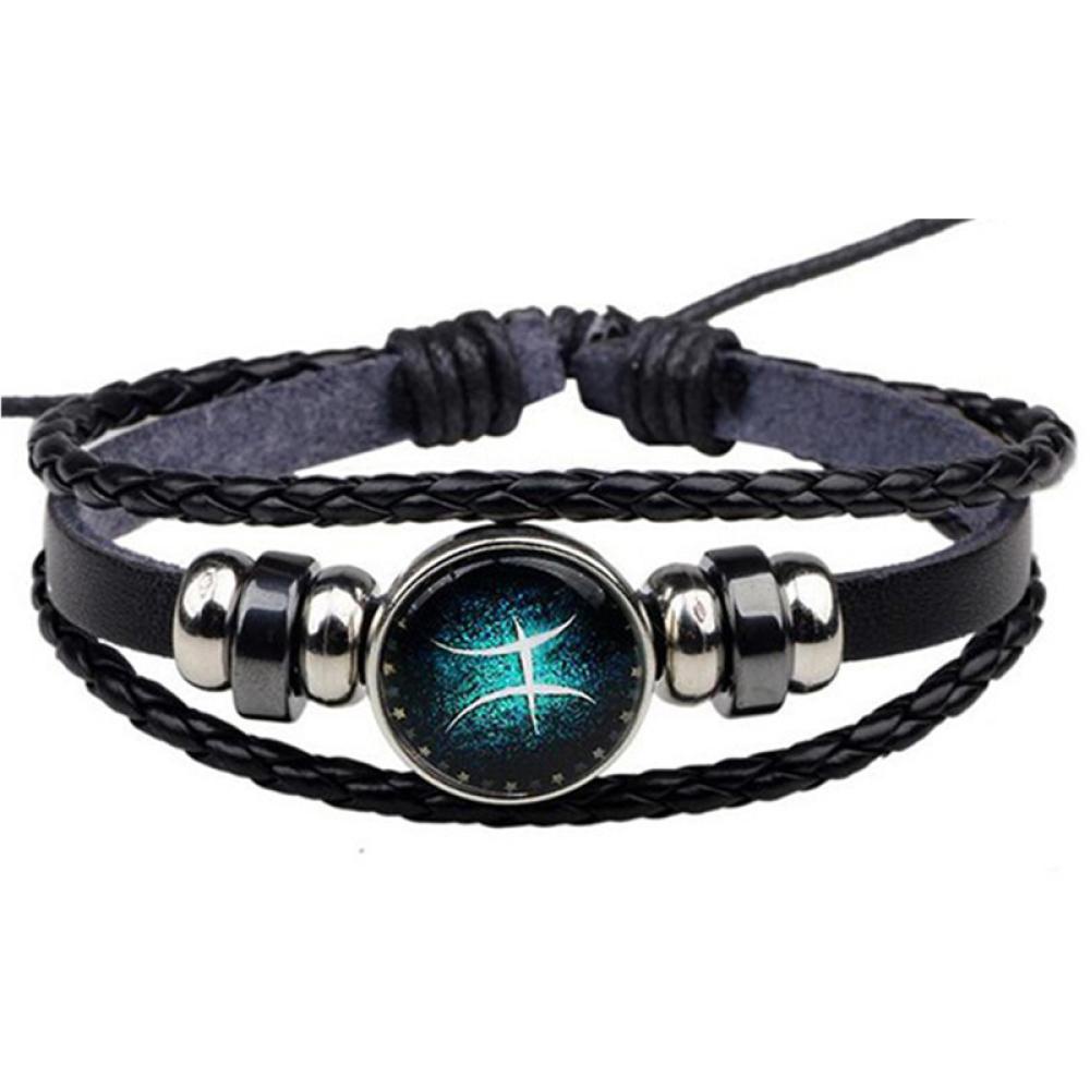 Timekey Gelang Tali Kulit Kepang Multilayer Dengan Charm Bulat Motif Zodiak Untuk Priawanita W9Z1