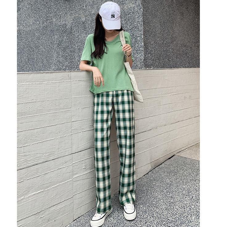 Stok Terbatas Celana Kotak Kotak Wanita Celana Highwaist Wanita Kulot Celana Korea Pinggang Elastis 