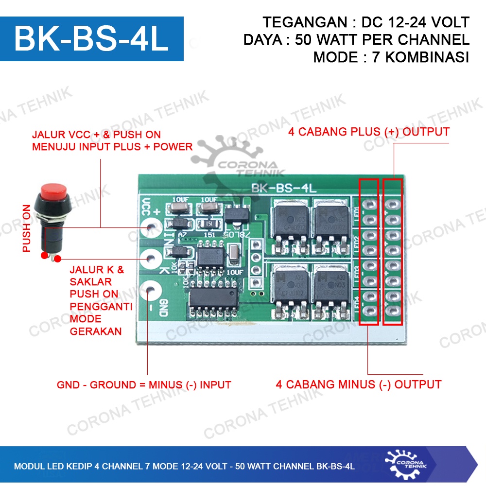 Modul LED Kedip 4 Channel 7 Mode 12-24 Volt - 50 Watt Channel BK-BS-4L