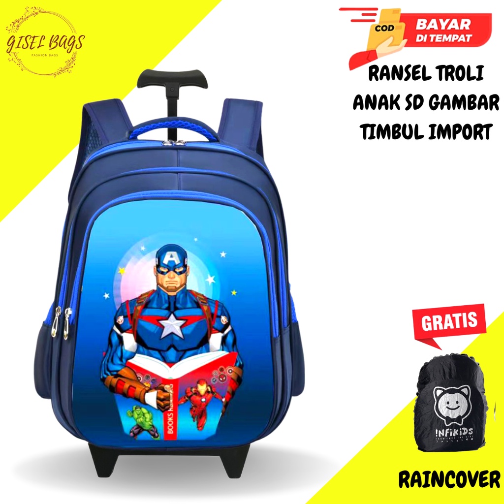 Tas troli anak laki laki sekolah sd import gambar timbul karakter superhero waterproof