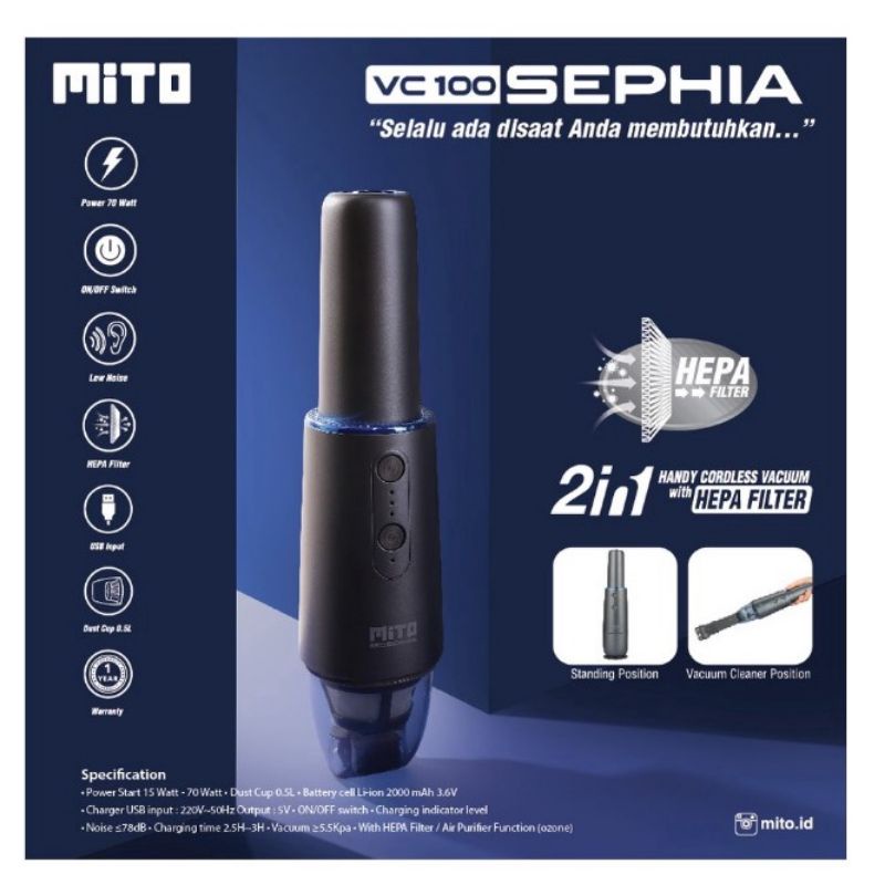 MITO Vacuum Cleaner WIRELESS - Penyedot Debu CORDLESS Portable VC100 Dengan Hepa Filter
