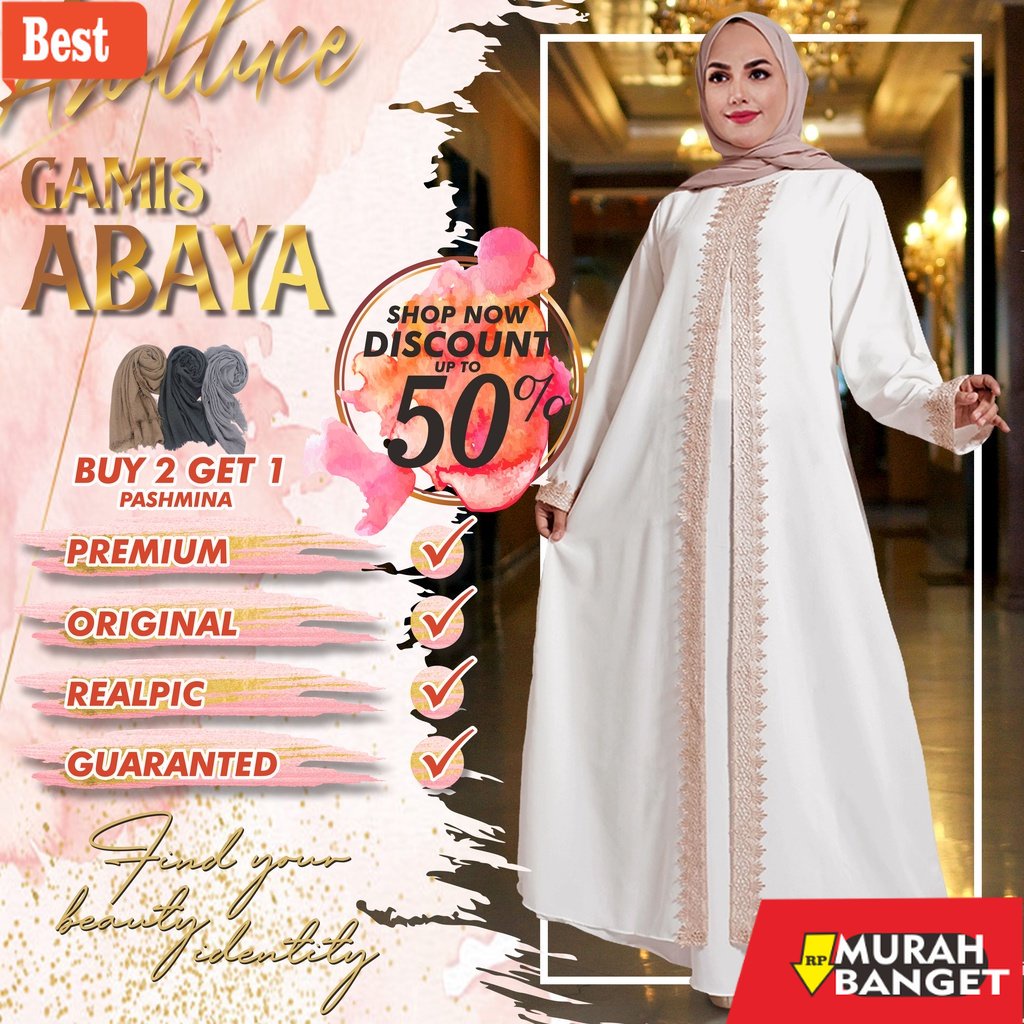 Abaya muslim terkini- Baju Dress Gamis Putih Wanita Muslim Kekinian Terbaru BY ARALLUCE / Abaya Warna Putih Turkey Turki Modern Mewah dan Elegan Bisa Untuk Ibu Ibu &amp; Remaja Premium