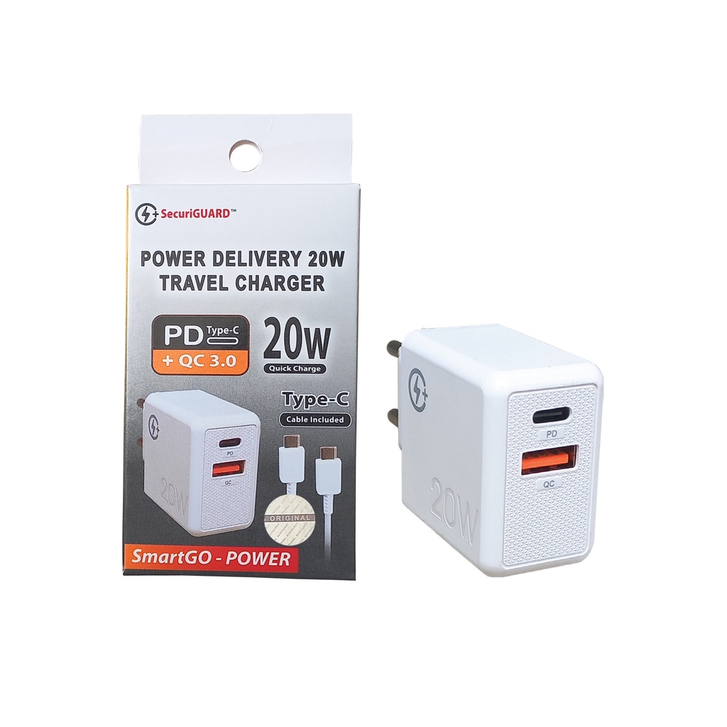 SecuriGUARD Travel Charge 20W Dual Port PD Type C and QC 3.0 + Cable C