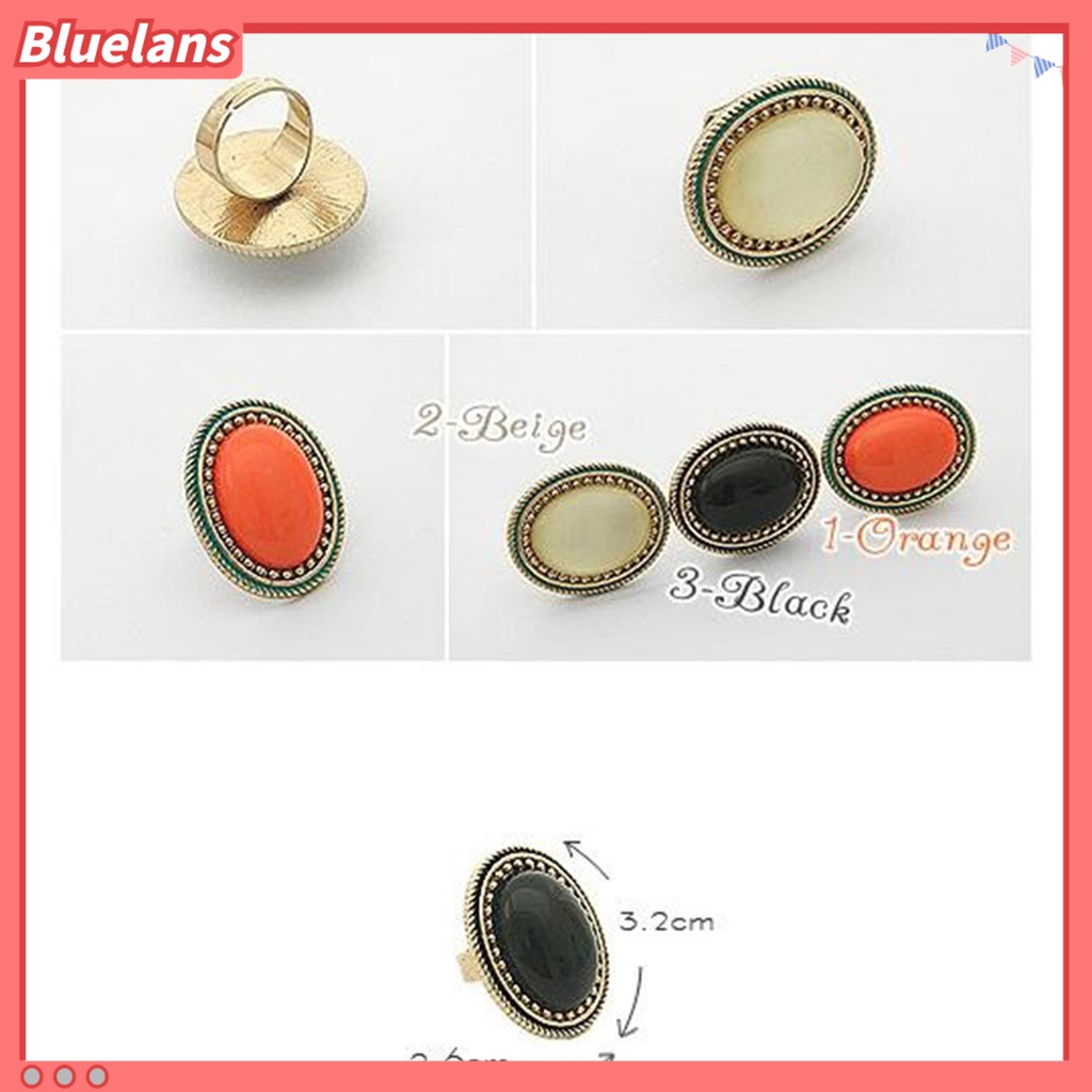 Bluelans Ring Adjustable Big Oval Inlaid Alloy Natural Gem Stone Ring