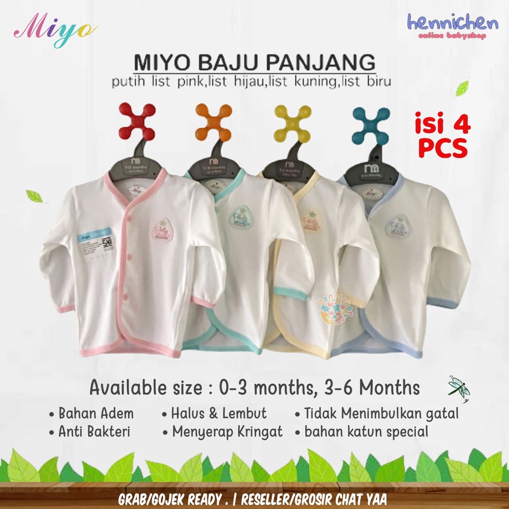 Baju Bayi MIYO 4 Pcs Lengan Panjang PUTIH LIST Newborn (0-3M) 3-6M