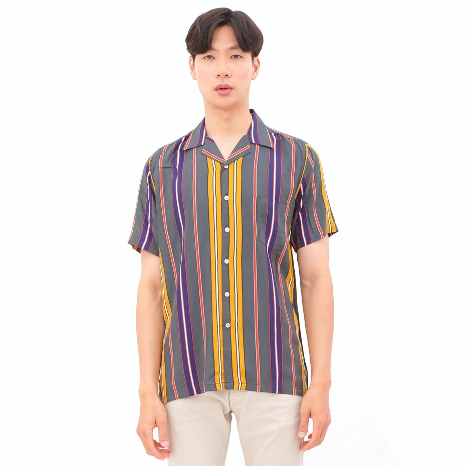 SANVANINA Kemeja Hawaiian Garis Garis Slim Fit Hem Baju Modern Pepito Stripes Shirt 2037