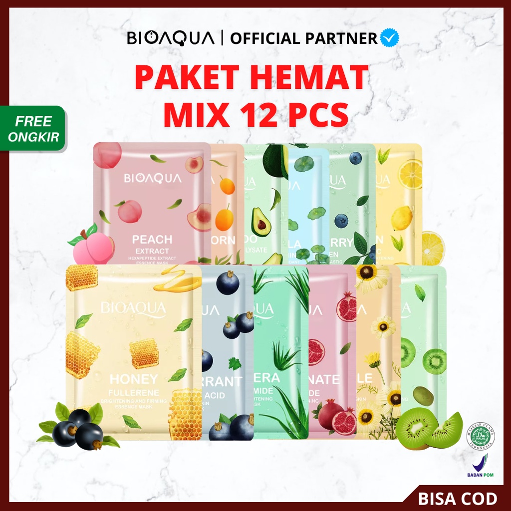 [ 12 PCS ] BIOAQUA Sheet Mask Hydrating Essence Face Mask Brightening Moisturizing Skin Care - Biaqua Masker Wajah
