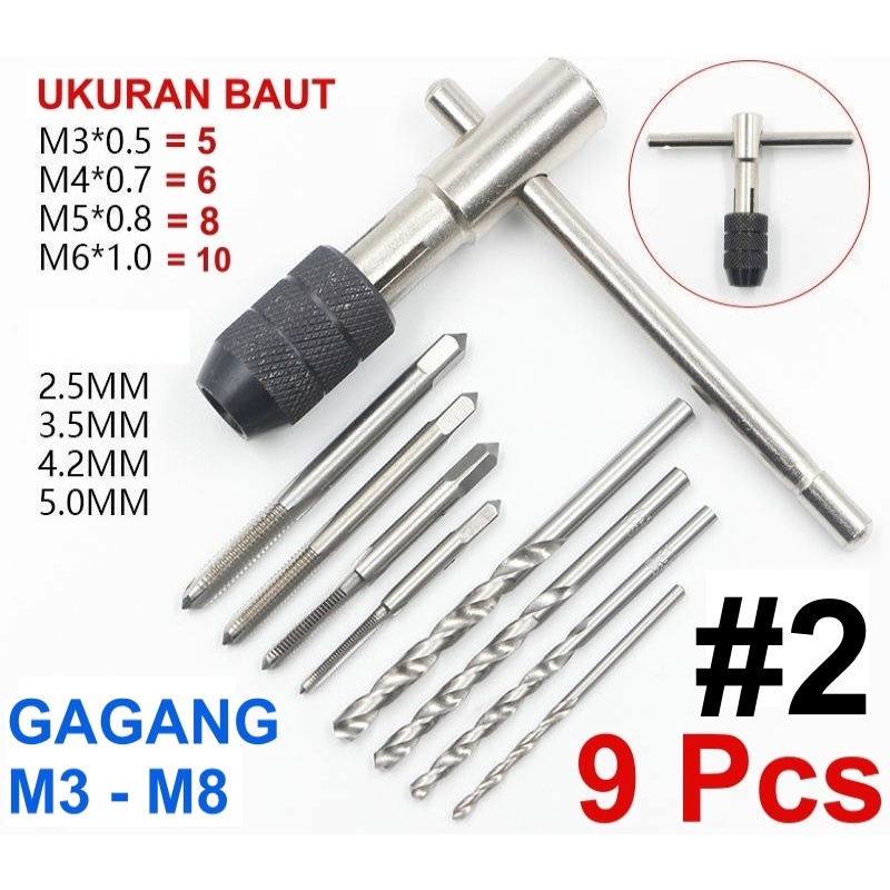 Hand Tap Set Pembuat Ulir Sekrup Mata Bor Tap Die Set &amp; Gagang M3-M12