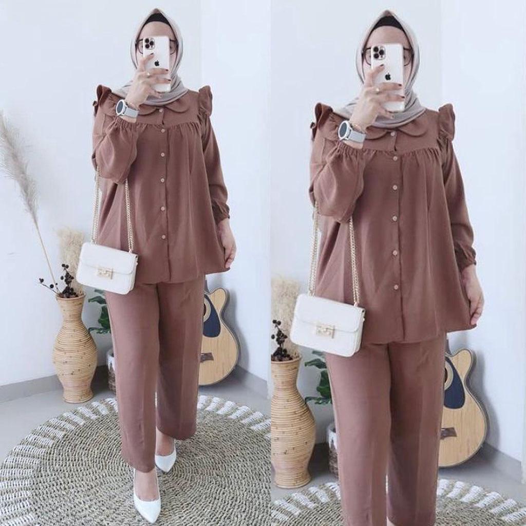 aokystore M001 One Set Rayon Crinkle Setelan Wanita Kekinian Tunik + Celana Import Fashion Muslim