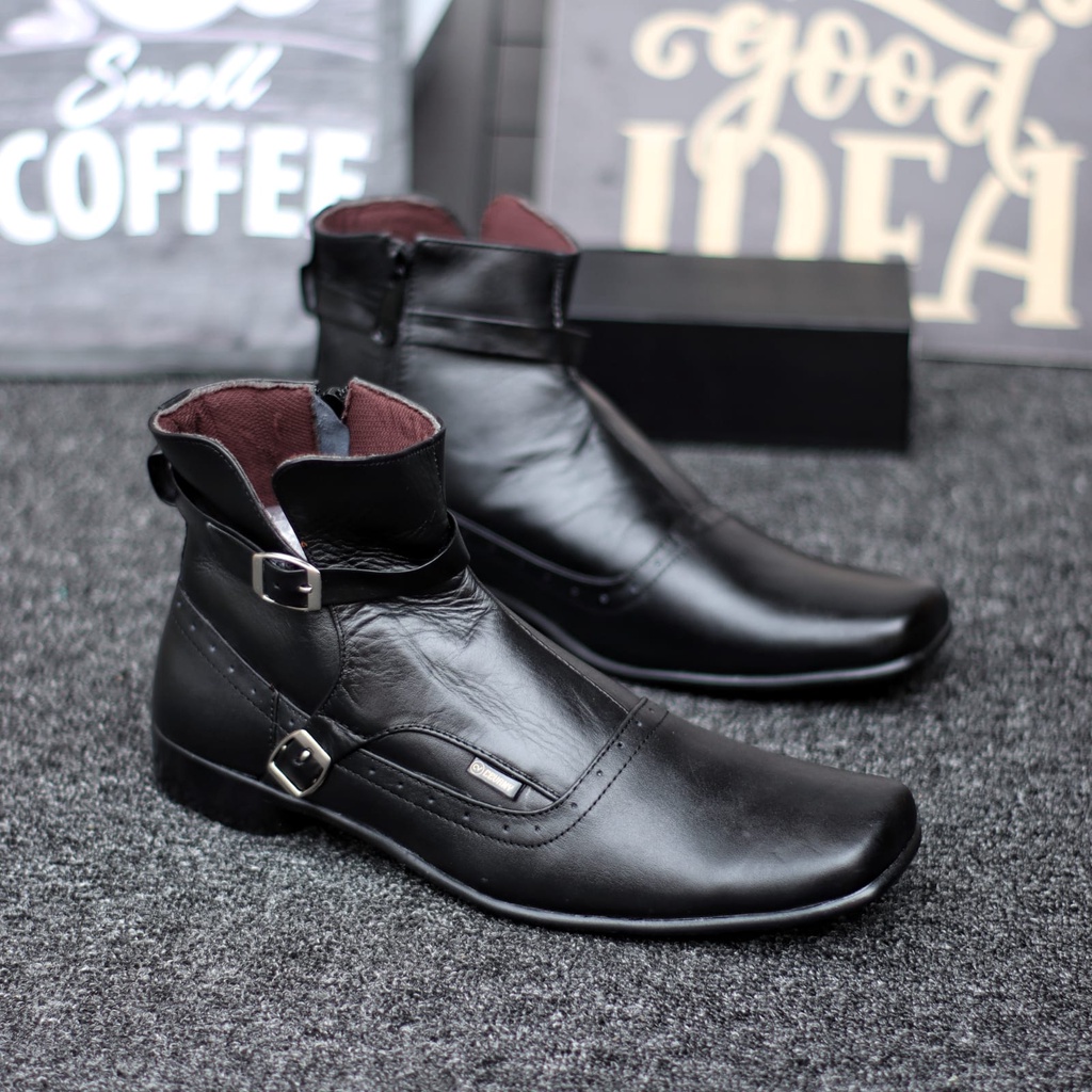 Sepatu Boots Pantofel Kulit Asli Formal Resleting Kerja Hitam Pria Abrhm Pacuan