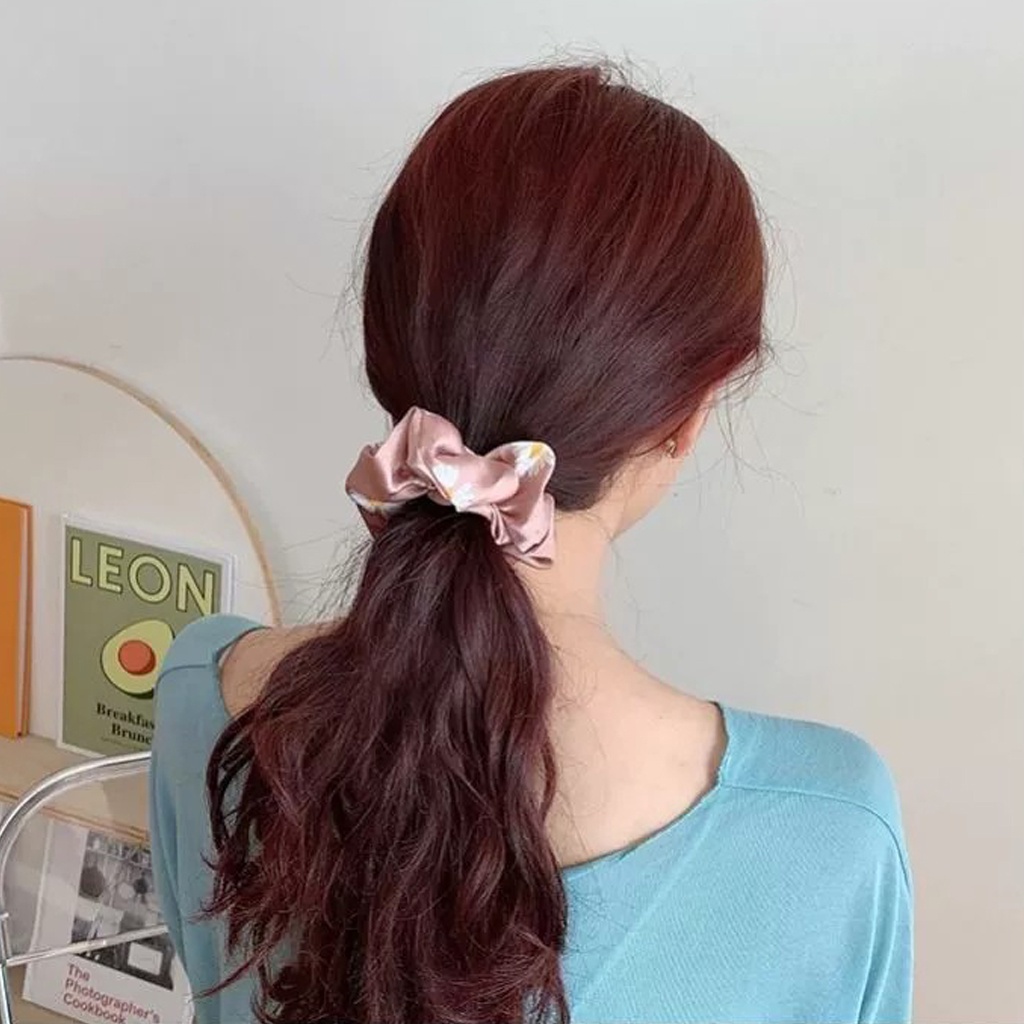 BRGUNIK Ikat Rambut Ponytail Model Bunga Daisy Bahan Satin Karet Elastis Gaya Korea Untuk Wanita/Scrunchie A069