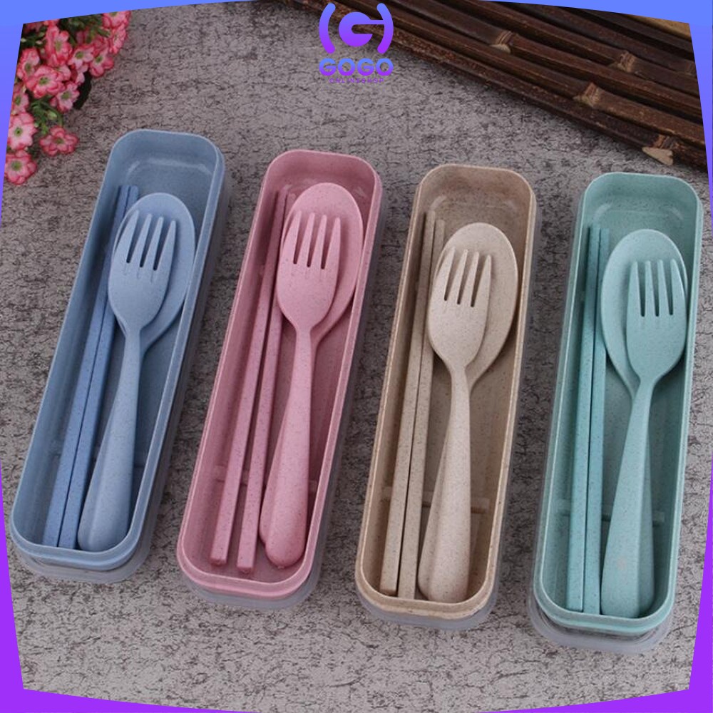 GOGO-C176 Sendok Garpu Sumpit 3in1 Travel Cutlery Set Alat Makan Set Korea Bahan Jerami Gandum Impor