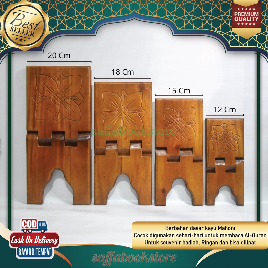 Meja Alquran Rehal Rekal Lipat Kecil Ukir Kayu Mahoni Plitur Asli Ukuran 15 (Panjang 33 Cm Lebar 15c