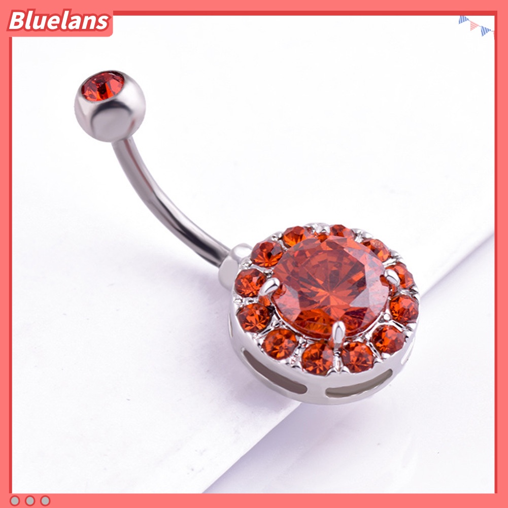 Bluelans Women Rhinestone Inlaid Round Pendant Barbell Navel Ring Body Piercing Jewelry