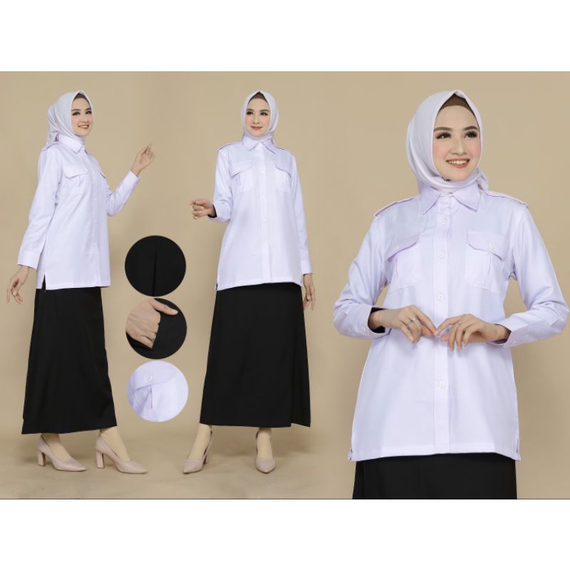 SERAGAM DINAS ASN / BAJU DINAS ASN /ATASAN PUTIH KANTONG DUATANPA FURING  KRAH KEMEJA TANPA FURING SETELAN ROK A HITAM / ROK SPAN HITAM / CELANA HITAM FREE HIJAB