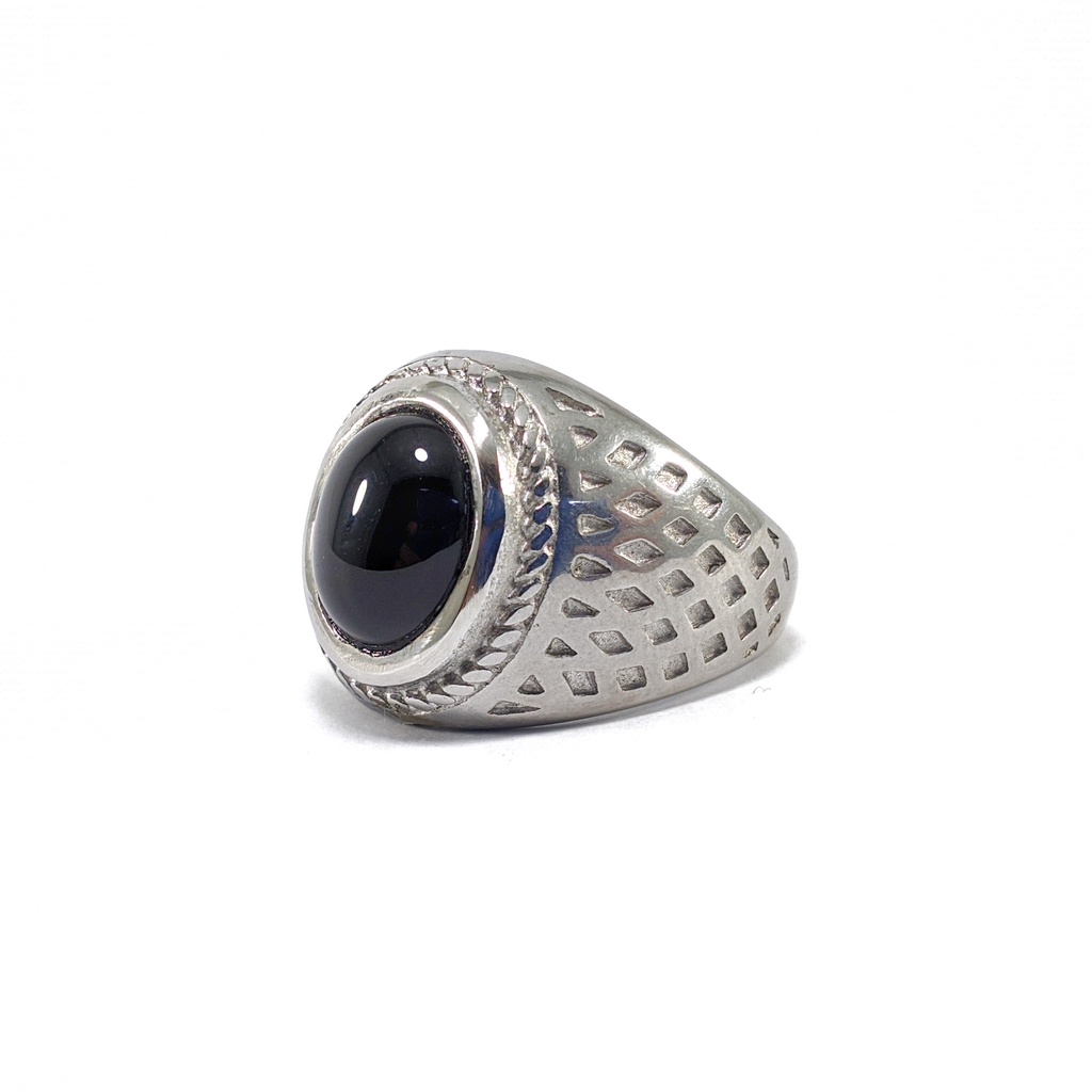 Natural Cincin Ring Titanium Black Onyx Oval Cabochon