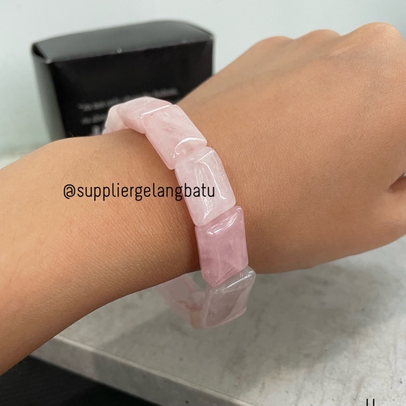 Gelang batu ROSE QUARTZ jajargenjang Premium Akik Pink