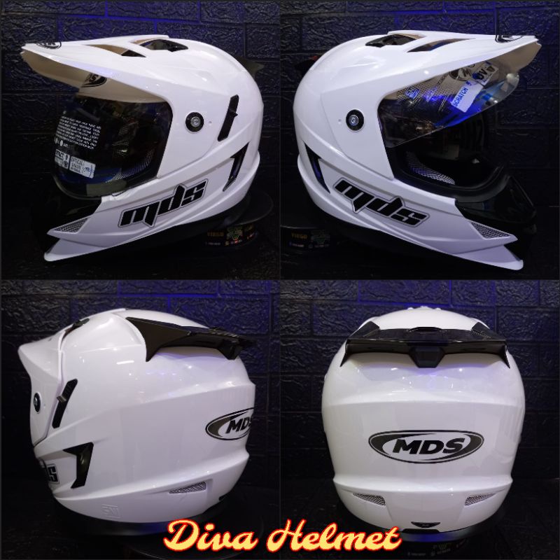 HELM MDS SUPERMOTO SUPER PRO  SOLID WHITE PUTIH DOUBLE VISOR TERMURAH