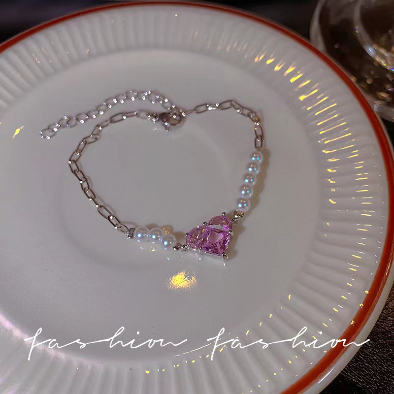 Gelang Mutiara Zircon Bentuk Hati Warna Pink Gaya Korea Untuk Wanita