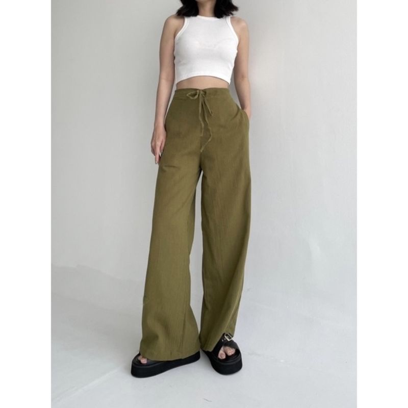 Rachel Pants - Premium Celana Kulot Highwaist Tali - Celana Linen Crinkle - Kulot Casual