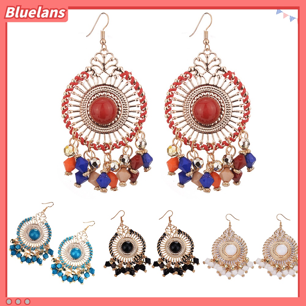 Bluelans Anting Kait Gantung Wanita Desain Rumbai Manik Bulat Gaya Bohemia Retro