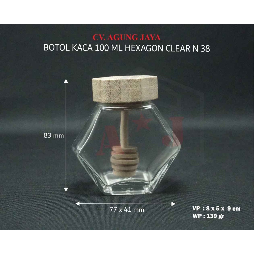 Botol Kaca Madu Hexagon 100 ml Tutup Kayu/Botol Kaca Madu 220/380 Ml/Yk